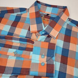Visconti Blue Orange Check‎ Long Sleeve Button Up Shirt, XL